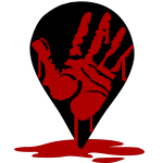 Logo for IDF Movements: Location pin with the genocide.live hand on it, leaking a pile of blood