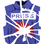 Logo for Stop Murdering Journalists: A press vest shattered, with a bullet hole in it